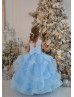 Beaded Sky Blue Lace Tulle Ruffled Flower Girl Dress